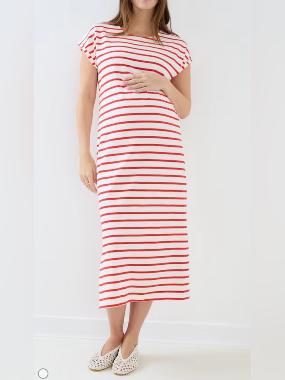 Jojo Bebe Maman Red White 100% Cotton Striped Short Sleeve Midi Dress L